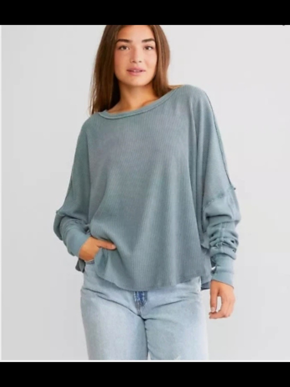 We The Free Microphone Drop Thermal Top L Blue Oversized Slouchy Thumbholes Boho
